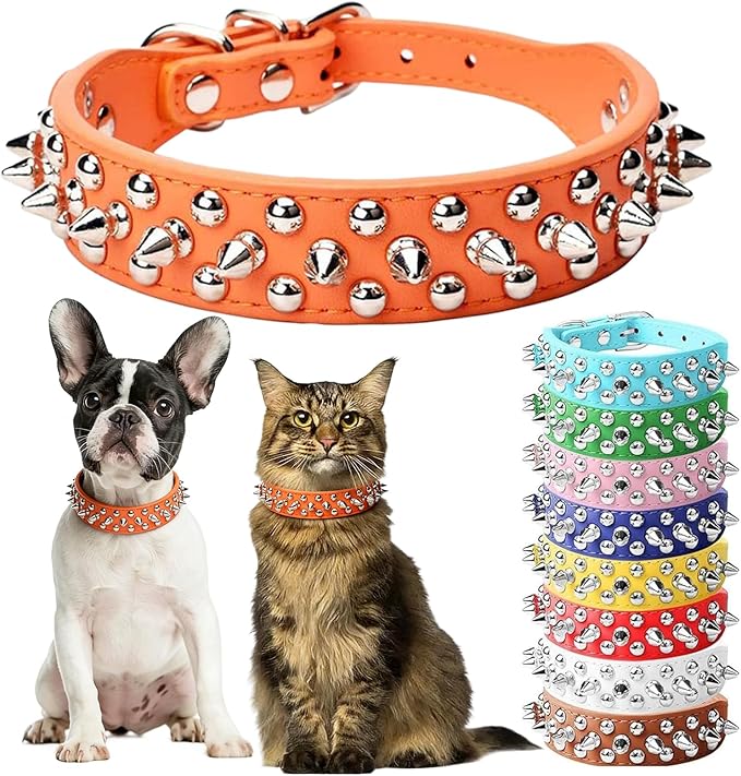 Orange Spiked Dog Collar for Small Dogs, Girl's Spike Puppy Collars Leather Mushrooms Rivet Female Studded Cat Collars Adjustable for Kitten XXS XS S Medium Large Dogs, XX-Small