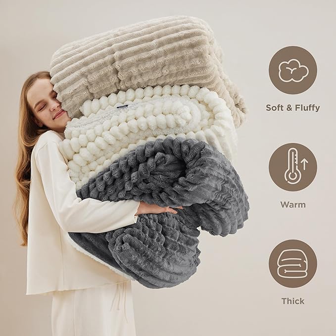 Bedsure Sherpa Blanket Queen Size for Bed - Super Soft, Cozy Fleece Thick Warm Blanket for Winter, GentleSoft Home Room Decor, Beige, 90x90 Inches