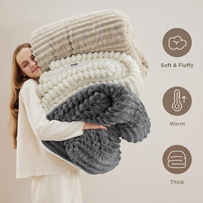 Bedsure Sherpa Blanket Twin Size for Couch - Super Soft, Cozy Fleece Thick Warm Blanket for Winter, GentleSoft Plush & Fluffy Throw Gift for Women, Home Room Decor, Beige, 60x80 Inches