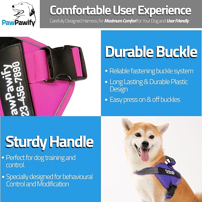 PawPawify Personalized No Pull Dog Harness with 2 Custom Name & Phone Patches, Reflective Breathable Pet Vest for Walking Training, Adjustable Heavy Duty Service Dog Vest for Small Medium Large Dogs