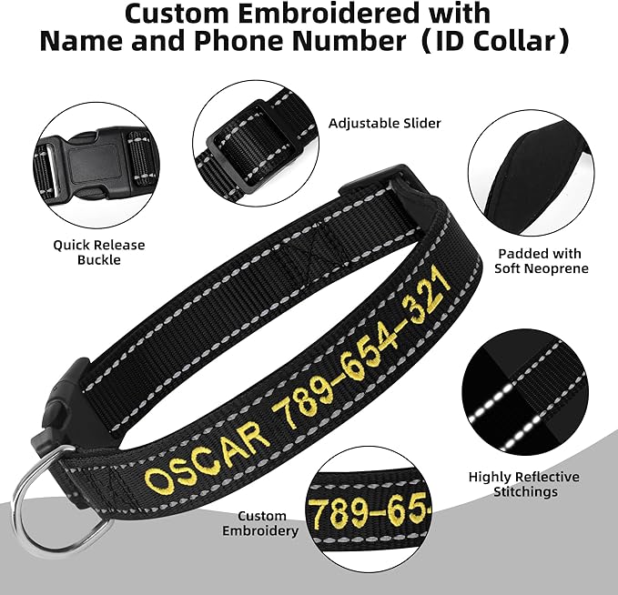 Personalized Dog Collar, Embroidered with Pet Name and Phone Number, Soft Neoprene Padded, Durable Nylon with Quick-Release Buckle Adjustable for Small Medium Large Dogs(Solid with Padded)