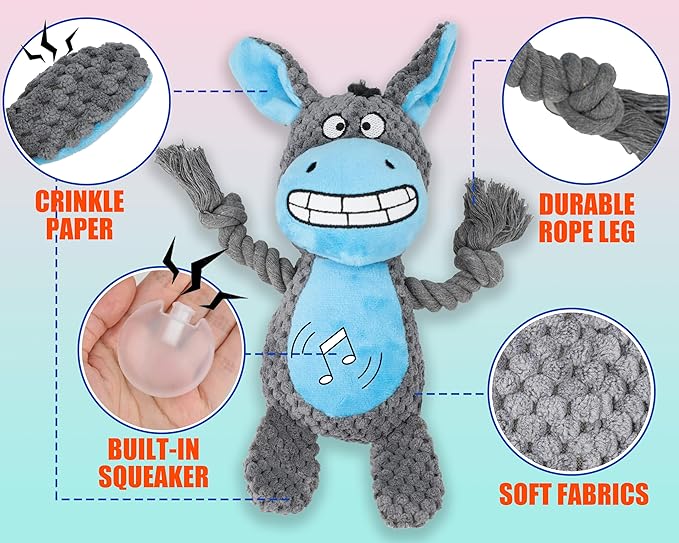 Dog Toy Squeaky Chewing Rope Stuffed Plush Animal with Crinkle Paper Interactive Soft Aggressive S-M-L Pets Gift Holiday Pink Pig