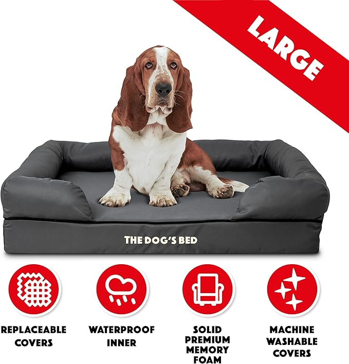 The Dog’s Bed Orthopedic Memory Foam Dog Bed with Bolsters, Oxford Fabric, Grey with Black Trim, Large
