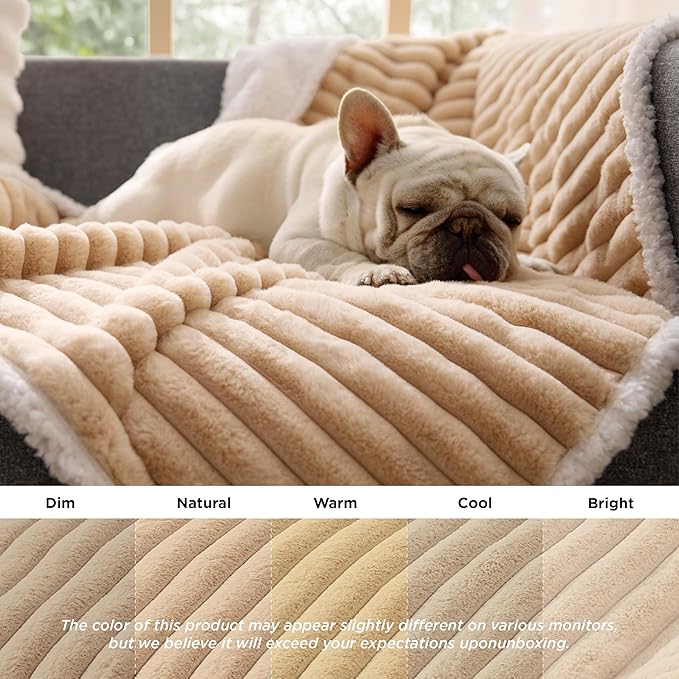 Bedsure ComfyFleece Waterproof Dog Blankets for Medium Dogs - Soft Puppy Cat Blanket Corduroy Fleece Washable, Cozy Calming Reversible Furniture Protection for Pet Kitten Doggy,30"x40", Tuscan Beige