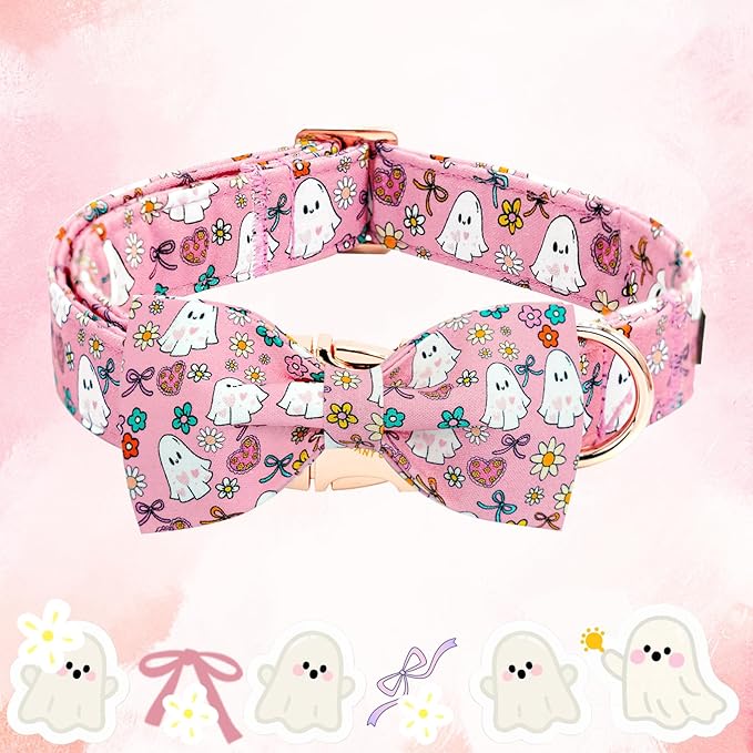 Elegant little tail Halloween Dog Collar, Pink Ghosts Print Dog Collar with Bow Puppy Collar Bowtie Flower Female Cotton Adjustable Collars for Small Medium Large Dogs