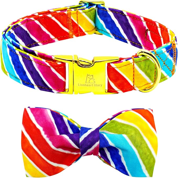 Lionheart glory Rainbow Dog Collar with Bowtie Colorful Summer Dog Bow Collars Heavy Duty Adjustable Pride Collars for Small Dogs Pet Gift Holiday