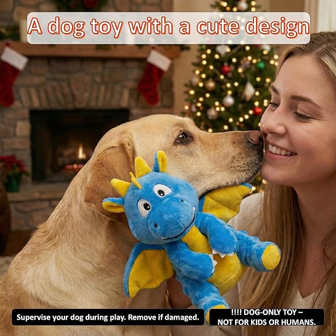 Squeaky Plush Dragon Dog Chew Toy - 8.3‘’X9‘’ Dog Toy for Small/Medium Dogs to Keep Pups Busy，Chewer Dog Toy with Crinkle Paper（Blue）