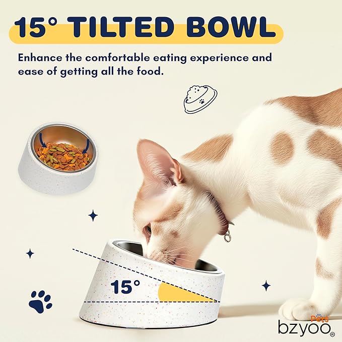 bzyoo 16oz Tilted Dog Bowl for Small Dogs & Cats, 15° Elevated Stainless Steel Pet Feeder, Ergonomic Anti-Vomiting Food Bowl for Frenchie, Pug, Persian Cat, Non-Skid Melamine Stand, Sprinkle (White)
