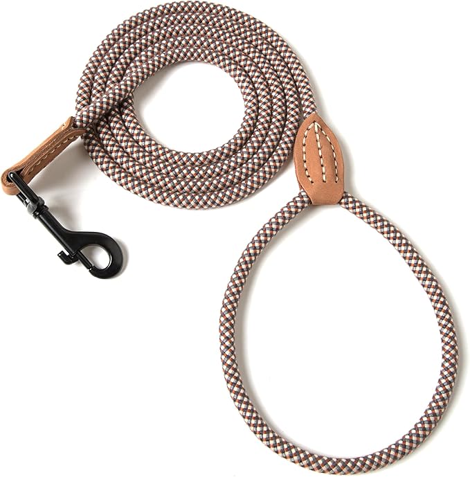 Mile High Life Small Dog Leash, Thin Rope Leash with Genuine Leather Connection and Heavy Duty Metal Clasp, Great for Small Medium Dogs(Brown,60 Inch-1/3)