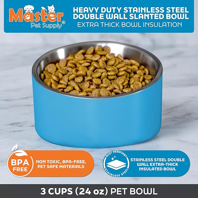 Master Pet Supply Stainless Steel Slanted Dog Cat Food Bowl - 24 oz Heavy Duty - True Blue, Double Wall Insulated, Non-Slip Elevated Bowl for French Bulldogs Pugs Cats, Anti Rust Dishwasher Safe