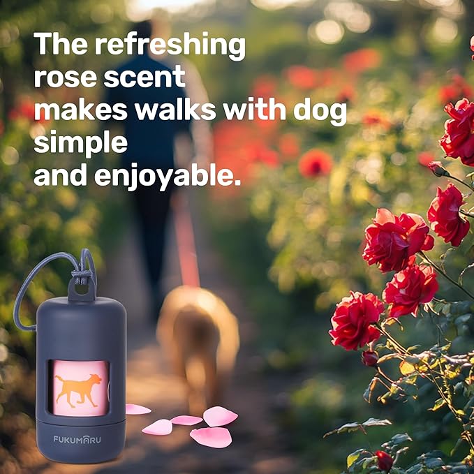 FUKUMARU Poop Bags For Dogs, 120 Rose Scent Dog Poop Bag Holder and Dispenser with Leash Attachment for Dogs, Cats and Multi-pet Use - Running Pattern Bags, Blue Holder