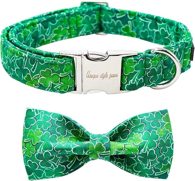 Unique style paws St. Patrick's Day Dog Collar with Bow Green Clover Puppy Collar for Small Medium Large Boys Girls Dogs-S