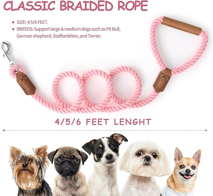 Mile High Life Dog Leash, Braided Cotton Rope Leashes with Leather Handle - Heavy Duty Metal Clasp, 6FT, 1/2" Thick - Wedding, Walking & Training Leash for Small Medium Large Dogs (Pink)