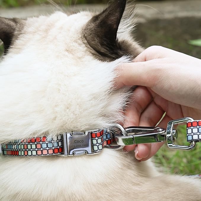 Personalized Pet Collar with Buckle | Custom Name & Number Mosaic Print | XS - L Sizes |Metal Buckle D-Ring | Adjustable Reflective Weatherproof Dog Collar for Medium and Small Dogs