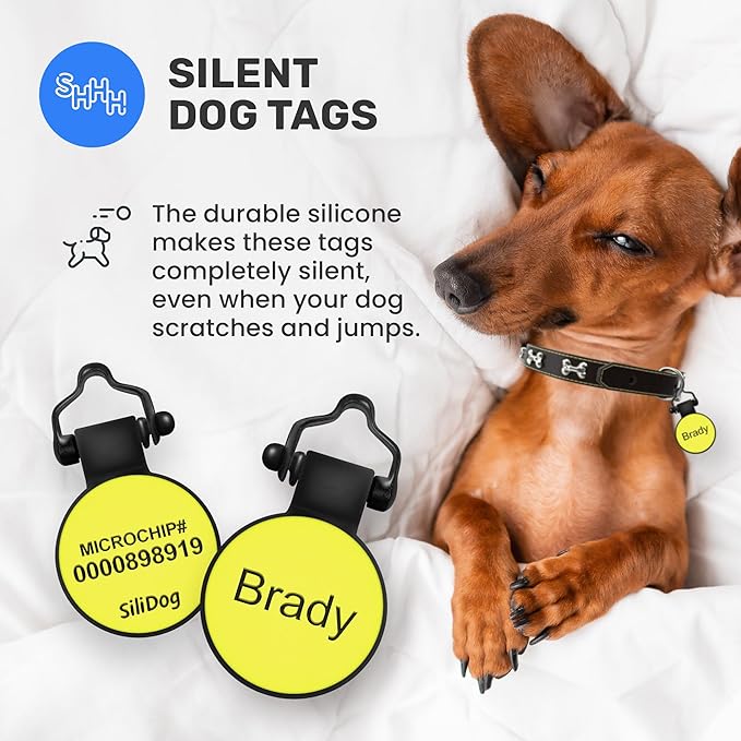 SiliDog - The Original Silicone Silent Dog Tag - Personalized Engraved Soundless Pet ID - As Seen On Shark Tank - Durable - Never Fades - Mini-Circle - Yellow