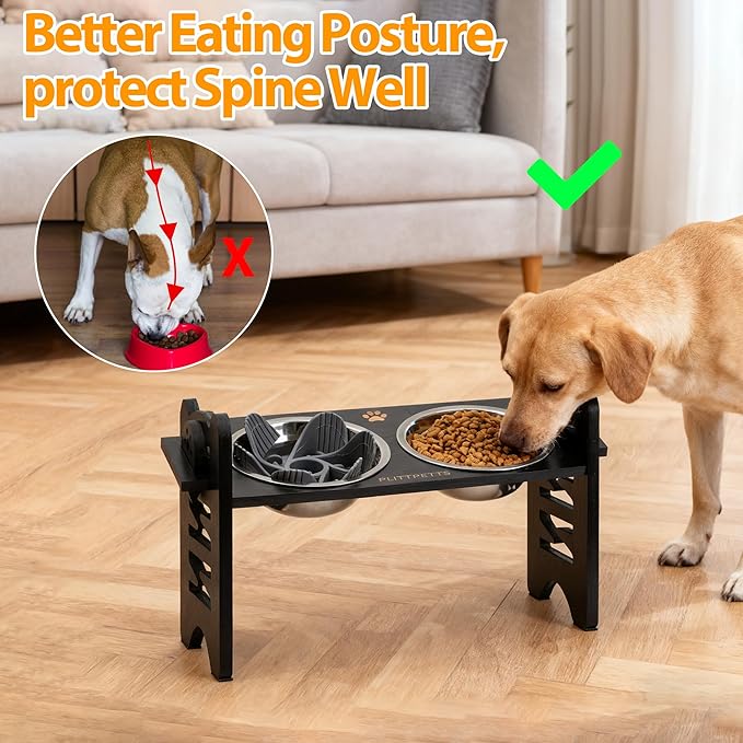 Elevated Dog Bowls, 9 Heights Adjustable Raised Dog Bowl Stand for Small & Medium Pet with 2 Stainless Steel Dishes and 1 Slow Feeder Bowl, Sturdy Bamboo Pet Food Dishes with Non-Slip Feet