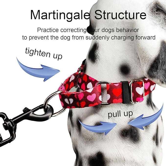 Pink Martingale Collar for Dogs with Buckle Adjustable Heart Valentines Dog Collars (Burgundy Love, Medium)