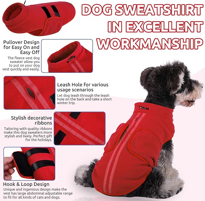 Queenmore XXL Dog Sweaters, Soft Fleece Vest Pullover Dog Jacket with Leash Hole, Warm Winter Dog Clothes Cold Weather Doggy Dachshund Sweater for Large Dogs Cats Boy or Girl (Red, XXL)