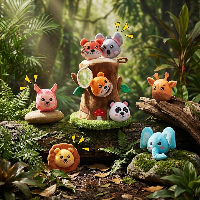 13 Pcs Hide and Seek Dog Toys Activity Puppy Chew Squeaky Animal Plush Woodland Toys with Crinkle Treehouse Interactive Pet Stuffed Gift with Squeakers for Small Medium Pets Dogs Puppy