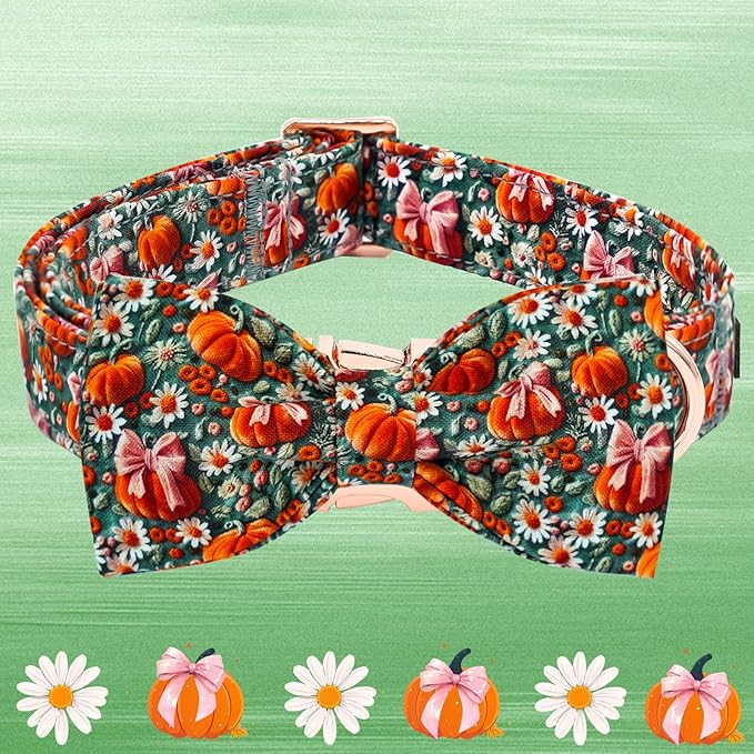 Elegant little tail Fall Dog Collar, Halloween Pet Collars with Bow Cute Flower Pumpkin Print Puppy Collar Female or Male Cotton Adjustable Collars for Small Medium Large Dogs