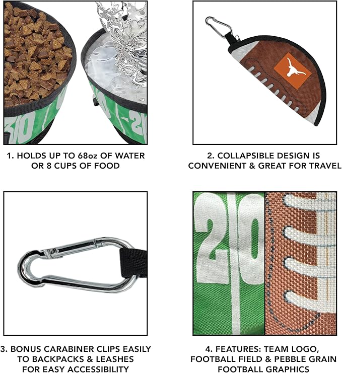 Pets First NCAA Texas Longhorns Collapsible Dog Travel Bowl Set, 2 Pack Food & Water Bowls for Dogs, Best Portable & Lightweight Leak-Proof Dog Bowls for Travel