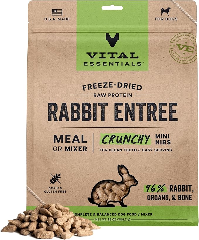 Vital Essentials Freeze Dried Dog Food, Raw Rabbit Crunchy Mini Nibs | Complete Meal or Mixer | High Protein, Low Carb, Grain Free, Dry Dog Food | 25 oz