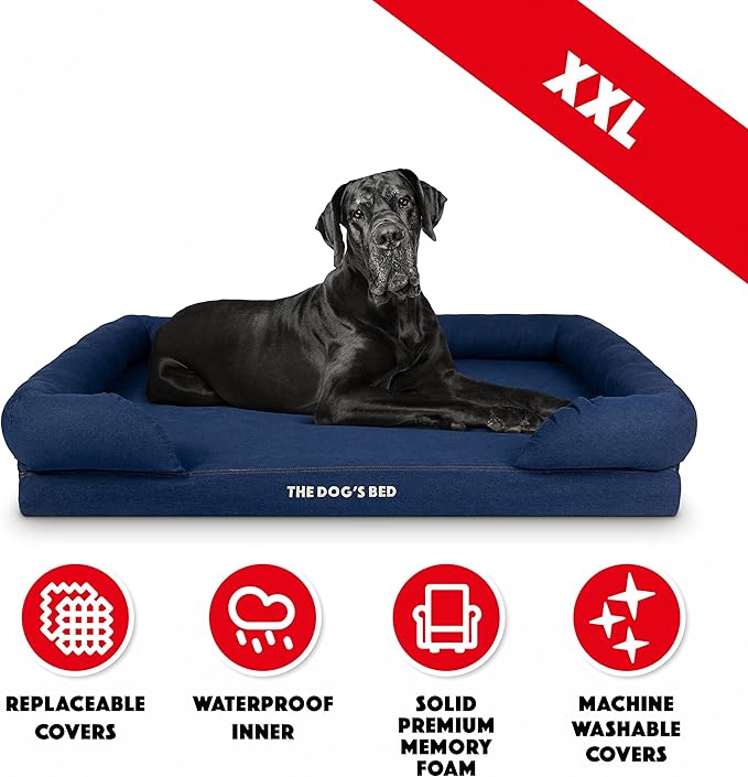 The Dog’s Bed Orthopedic Memory Foam Dog Bed with Bolsters, Oxford Fabric, Blue Denim, XXL