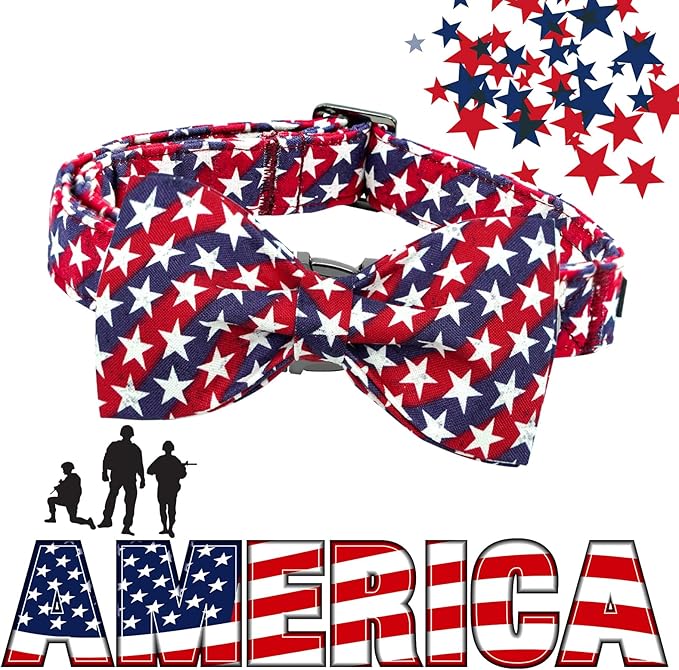 Lionheart glory American Flag Dog Collar 4 of July Independence Patriotic Dog Bow Collars Heavy Duty Adjustable Soft Collar with Bowtie for Small Dogs Pet Gift