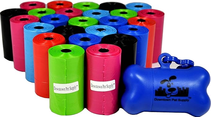 Downtown Pet Supply Poop Bags for Dogs with Dispenser, 500 Count - Leak-Proof Dog Waste Bags and Bone-Shaped Dog Poop Bags Holder for Leash - Rainbow of Colors, 12.5" x 8.5"