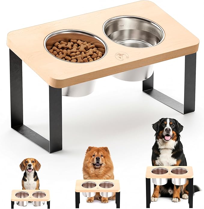8.9" Tall Elevated Dog Bowls - Ergonomic Stainless Steel Dog Bowls with 10° Tilt in Bamboo Wood Stand for Medium Breed