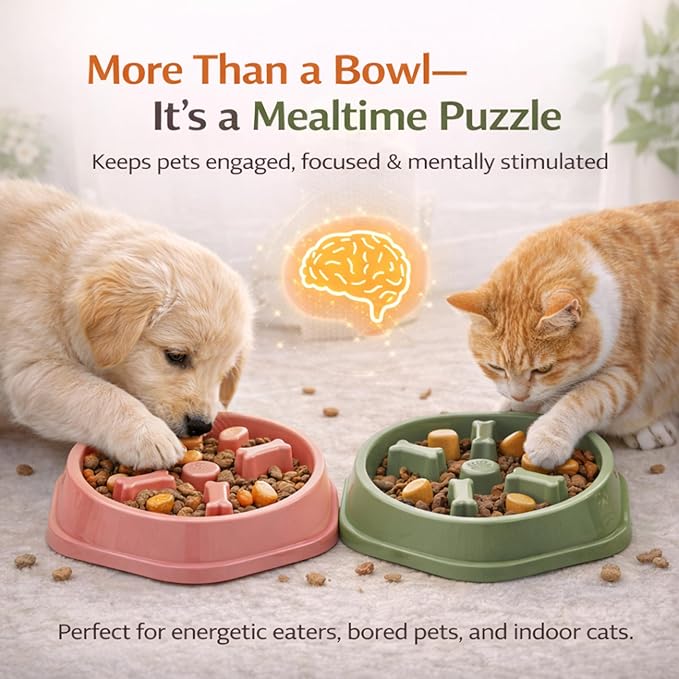 Slow Feeder Bowl for Small & Medium Cats & Dogs - Durable Slow Feeding Bowl with Non-Slip Base - Anti-Choking Puzzle Food Bowl for Dogs That Helps Mental Stimulation & Reduces Fast Eating-Green