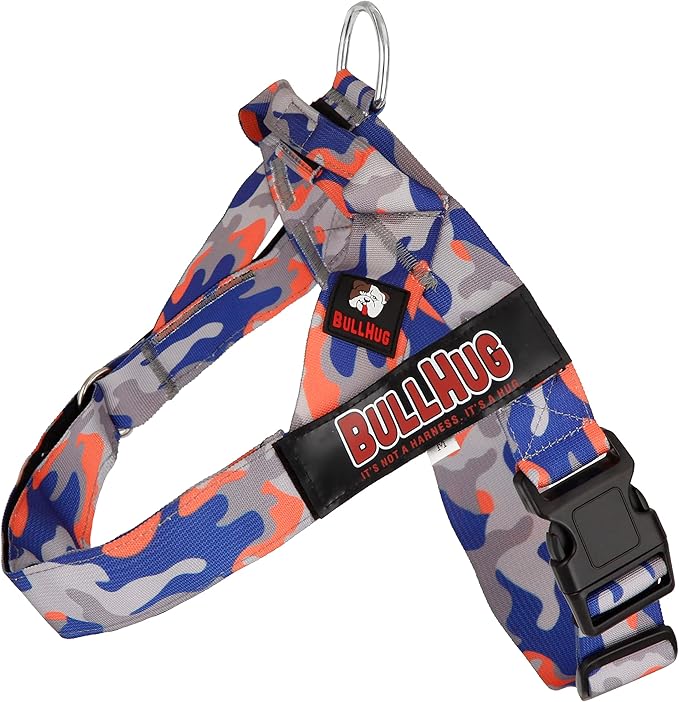 BULLHUG Adjustable Dog Harness– No Pull, No Choke – for English Bulldogs, French Bulldogs, Pugs & Broad-Chested Breeds – Easy, Safe Walks (Orange/Blue Camouflage, Medium)