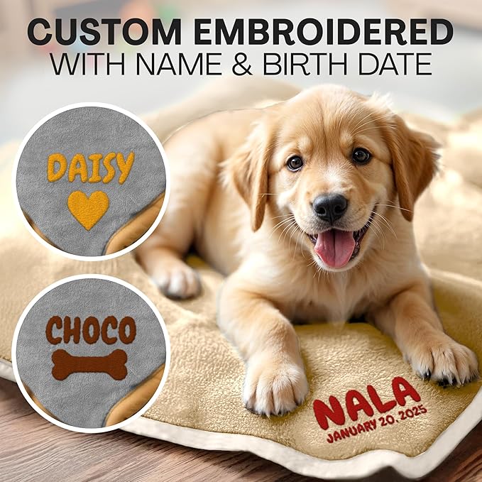 Personalized Puppy Blanket – Custom Embroidered Dog Blanket with Name & Birth Date – Soft New Puppy Gift – Keepsake for Dog Lovers, Pup Moms & New Pet Owners - Cream