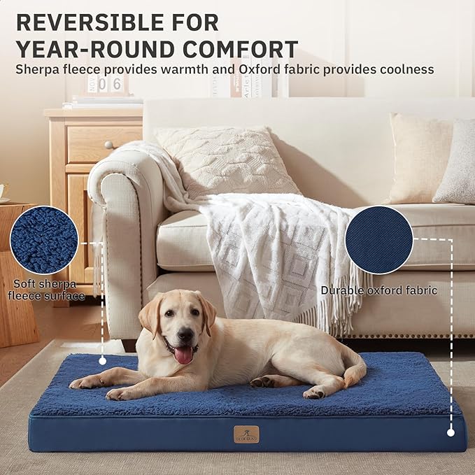Bedfolks Orthopedic Dog Bed for Extra Large Dogs - Egg Foam Dog Crate Bed with Removable Waterproof Cover, Pet Bed Mat Suitable for Dogs and Pets Up to 100 lbs (44 x 32 x 3.5 inches, Navy)