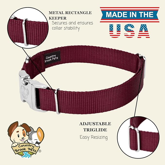 Country Brook Petz - Premium Nylon Dog Collar with Metal Buckle for Small Medium Large Breeds - 10+ Warm Colors (Large, 1 Inch Wide, Burgundy)