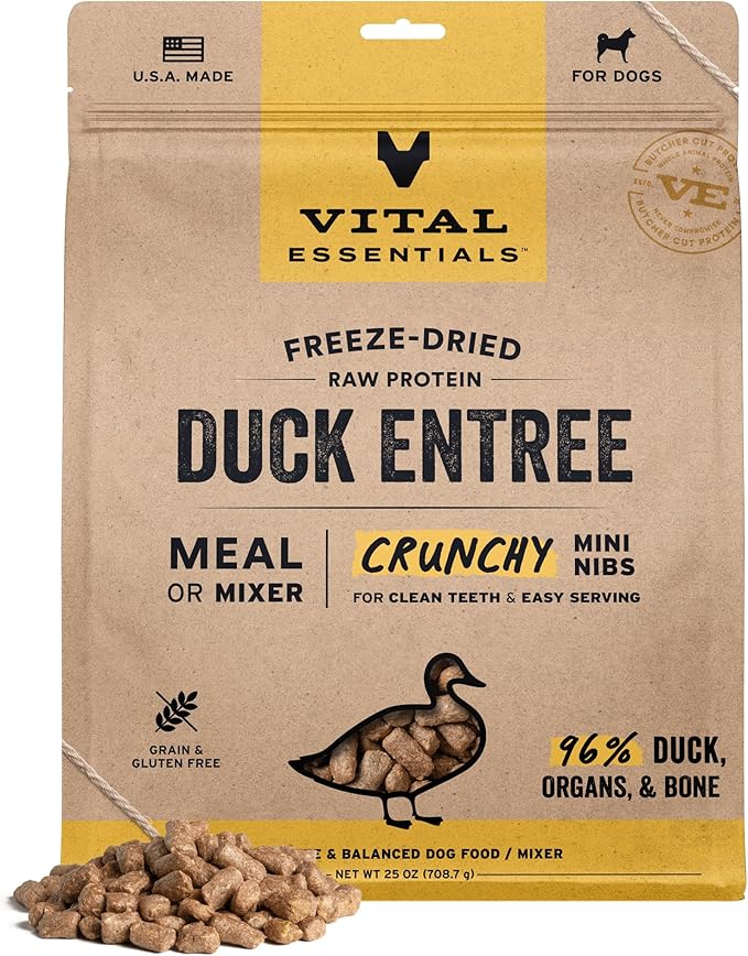 Vital Essentials Freeze Dried Dog Food, Raw Duck Crunchy Mini Nibs | Complete Meal or Mixer | High Protein, Low Carb, Grain Free, Dry Dog Food | 25 oz