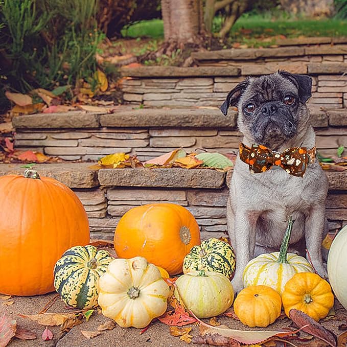 Elegant little tail Halloween Dog Collar, Ghosts Print Pumpkin Pet Collars with Bow Puppy Collar Bowtie Female or Male Cotton Adjustable Collars for Small Medium Large Dogs