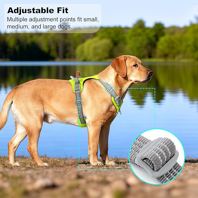 No Pull Dog Harness – Adjustable Reflective Nylon Vest for Small Medium Large Dogs, Escape Proof Training Harness with Leather Control Handle, Lightweight Aluminum Hardware (Green, S)