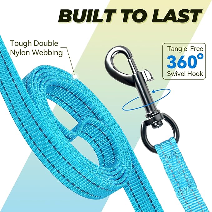 VIVAGLORY Twingrip Dog Leash, Double Handle Dog Leash for Training & Walking with Traffic Handle & 2 Loop, Traffic Control Reflective Heavy Duty for Puppy Pet, 5ft x 1/2in, Lake Blue