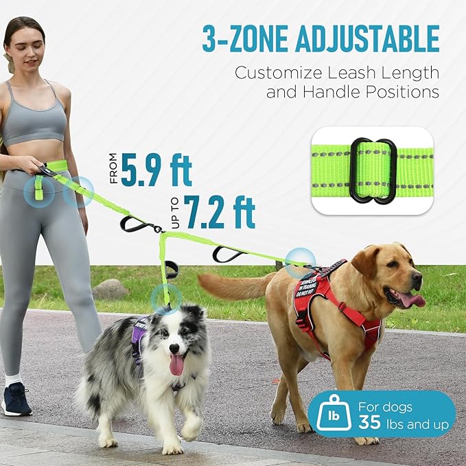 Hands Free Dog Leash, Waist Bungee Leash for 2 Large Dogs, 6-8ft No-Tangle Heavy Duty Leashs(50-120 lbs)