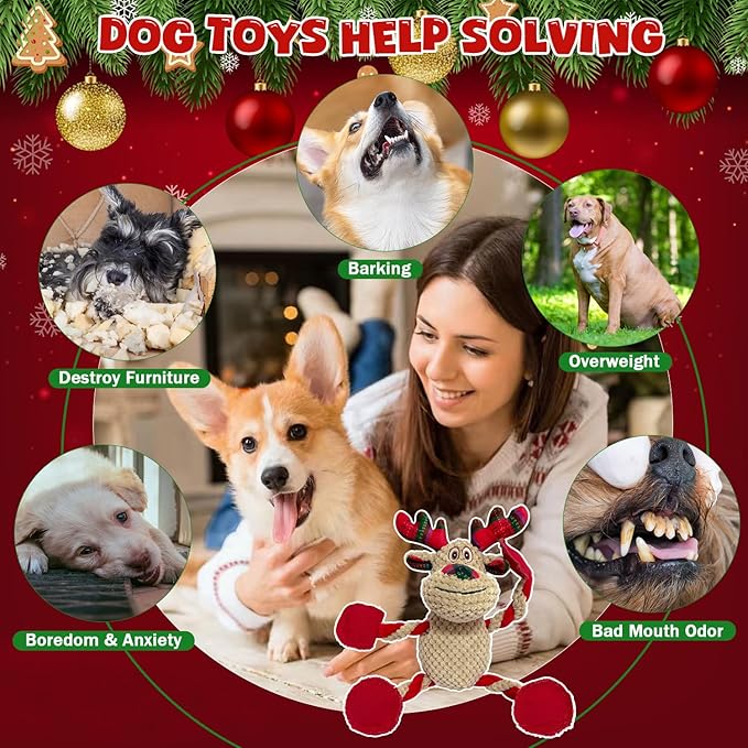 Squeaky Christmas Dog Toys Plush Dog Toy Tug of War Interactive Dog Toys for Aggressive Chewers Cute Stuffed Animal dog toy for Puppies Small Medium and Large Dogs