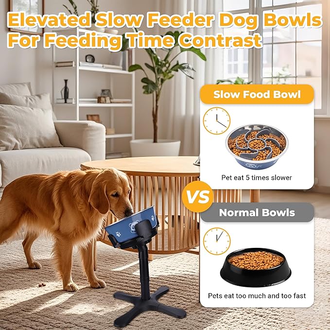 Elevated Slow Feeder Dog Bowl Adjustable Stand,Tilted ABS Base,Fits 5.5-9.5" Bowls, Anti-Spill & Non-Slip, Heavy Duty for Med/Large Dogs(with Stainless Steel Bowls 1 Pack)