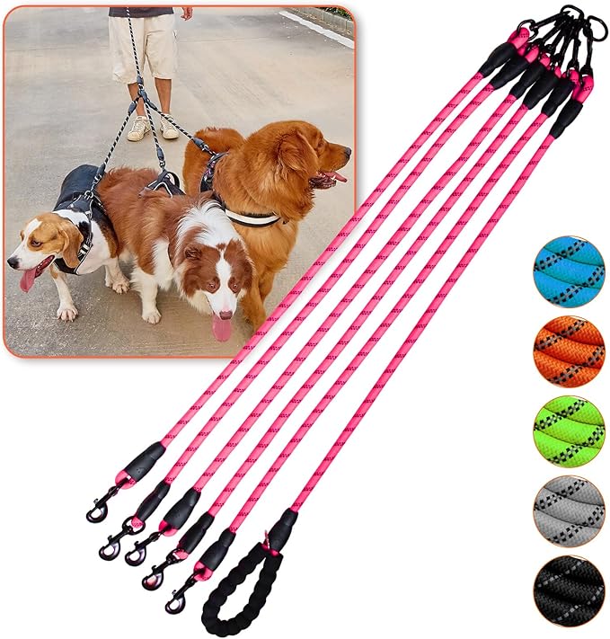 Five Dog Leash No Tangle Triple for 5 Dogs,360 Swivel No Tangle Walking Leash for 5 Dogs with Reflective for Large Medium Small Dogs (Pink, 5 Way)