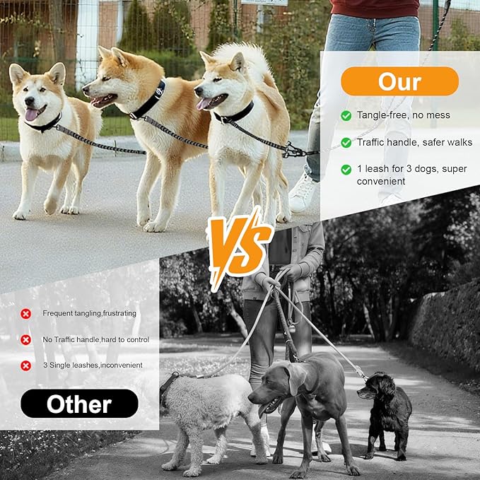 No Tangle Leash for 3 Dogs, 3-in-1 Leash with 360° Swivel & Shock Absorbing Bungee, Padded Handle No Tangle Walking Lead for Large Medium Small Dog