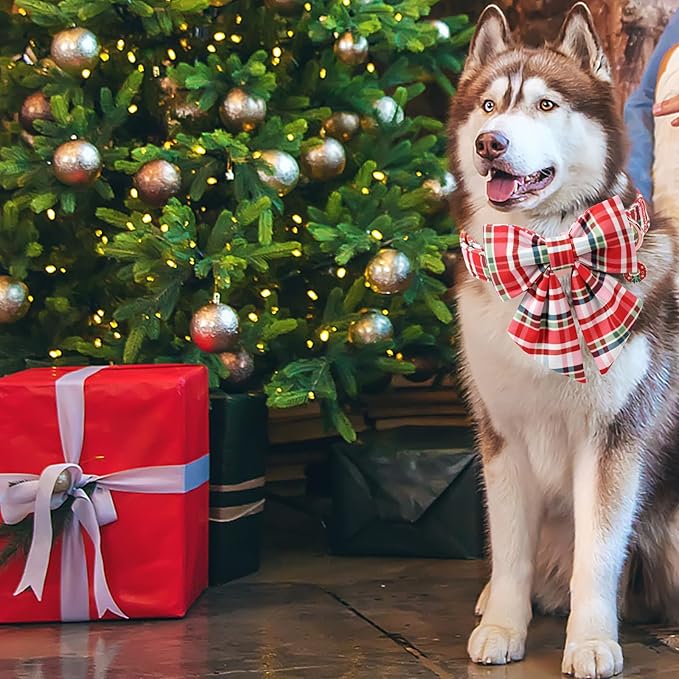 DOGWONG Christmas Dog Collar with Bow Tie - Christmas Red Plaid Puppy Collar, Adjustable Red Grid Dog Collars for Girl Boy Dogs, L