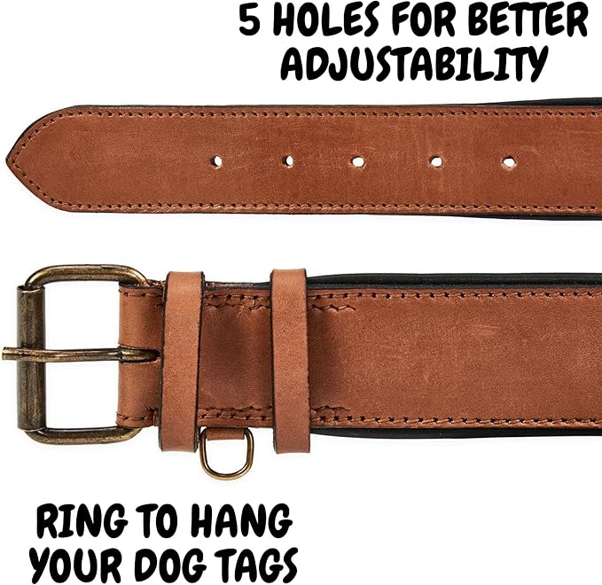 Real Leather Dog Collar Padded Soft Interiors with Premium Vintage Look Handcrafted Heavy Duty with Tag Ring for Small Medium and Large Pets (X-Large (1.75" Wide for 20" - 24" Neck), Cognac)