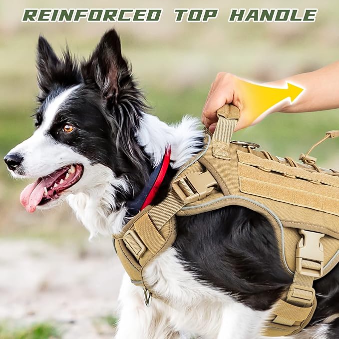 WINGOIN Tactical Dog Harness for Large Dogs, Heavy Duty No Pull Dog Harness with Handle, Adjustable Reflective Military K9 German Shepherd Big Size Dog Vest for Walking, Training, Hunting, Khaki (L)