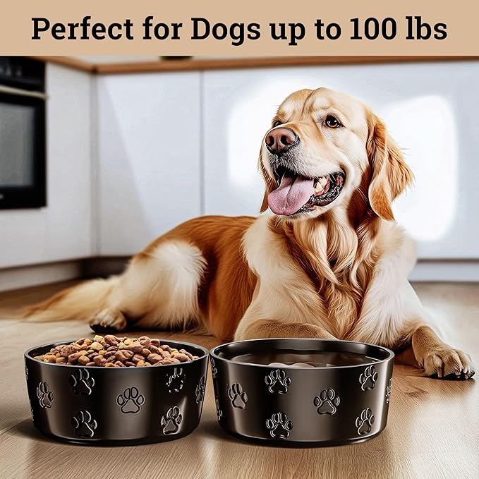 Ceramic Dog Bowl Set of 2 with Anti-Skid Base - 7.5" Wide x 3" Tall Ceramic Dog Bowls for Large Dogs - 6 Cup Capacity Food and Water Bowls for Dogs - Rubber Bottom Pet Bowl Set of 2 for Large Pets
