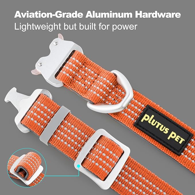 Plutus Pet Reflective Dog Collar with Aviation Aluminum Buckle, Neoprene Padded for Comfort, Lightweight, Heavy Duty Nylon Collar for Puppy Small Medium Large Dogs (Orange, L)