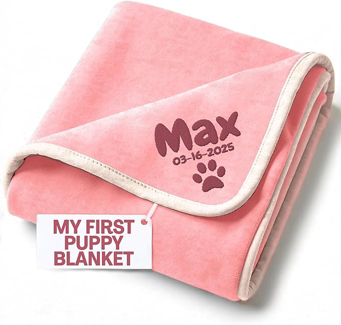 Personalized Puppy Blanket – Custom Embroidered Dog Blanket with Name & Birth Date – Soft New Puppy Gift – Keepsake for Dog Lovers, Pup Moms & New Pet Owners - Pink